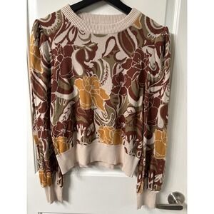Flying Tomato Retro Inspired Cropped Fall Colors Floral Sweater Sz L FLAWED